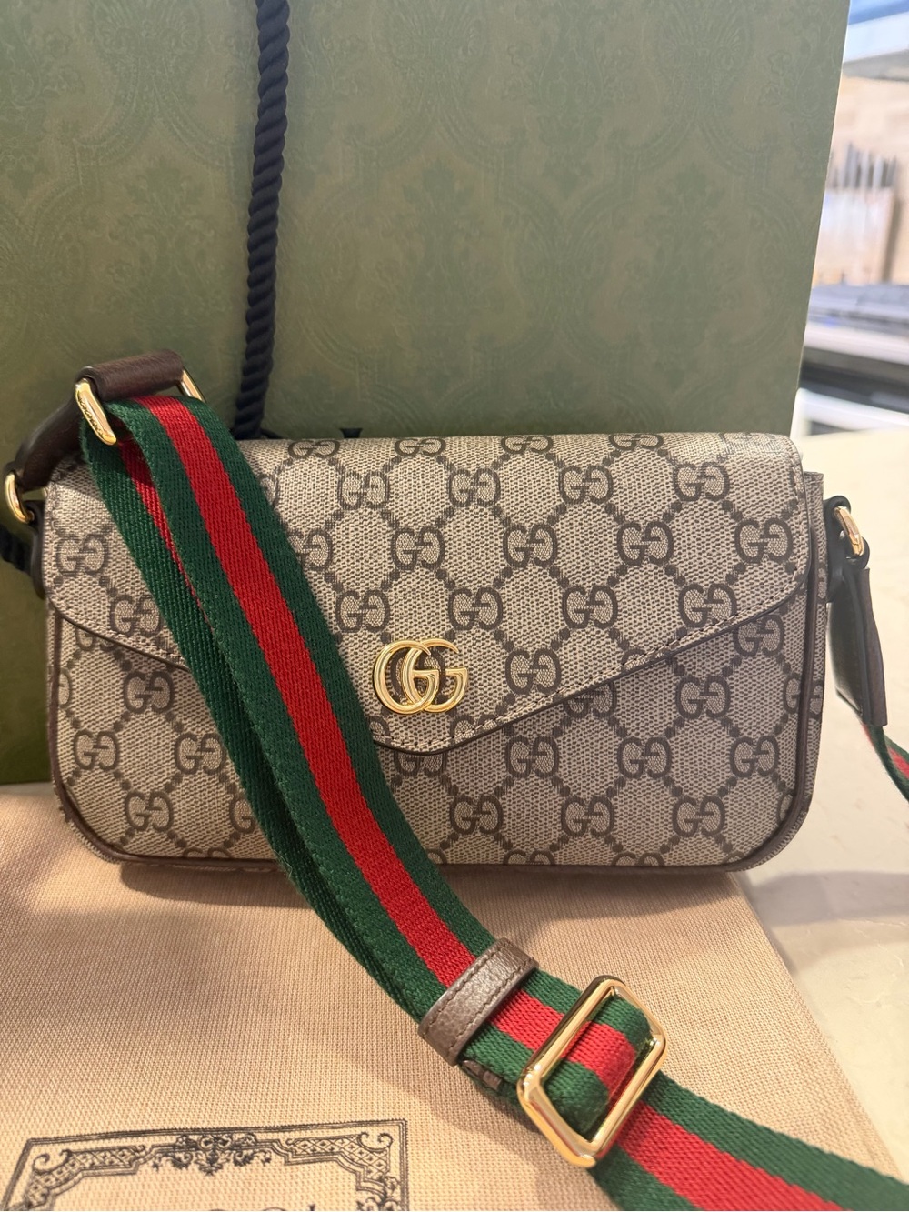 Gucci Brown GG Ophidia Pochette Canvas Crossbody with Gold Hardware